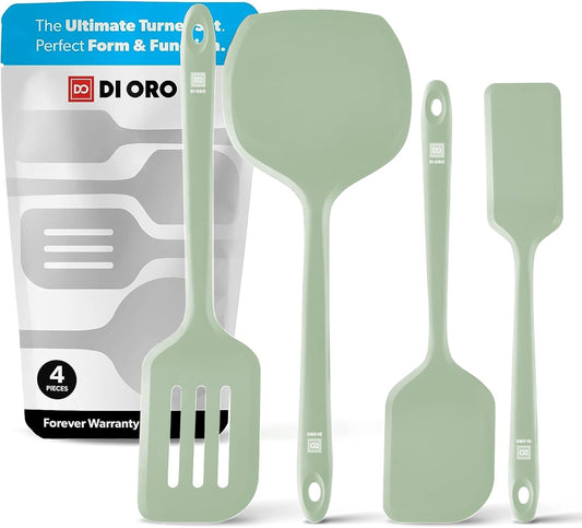 New DI ORO Silicone Turner Spatula Set - Kitchen Spatulas for Nonstick Cookware - Cooking Utensils for Flipping Eggs & Pancakes - 600°F Heat-Resistant BPA Free Turners - Dishwasher Safe (4pc, Sage)
