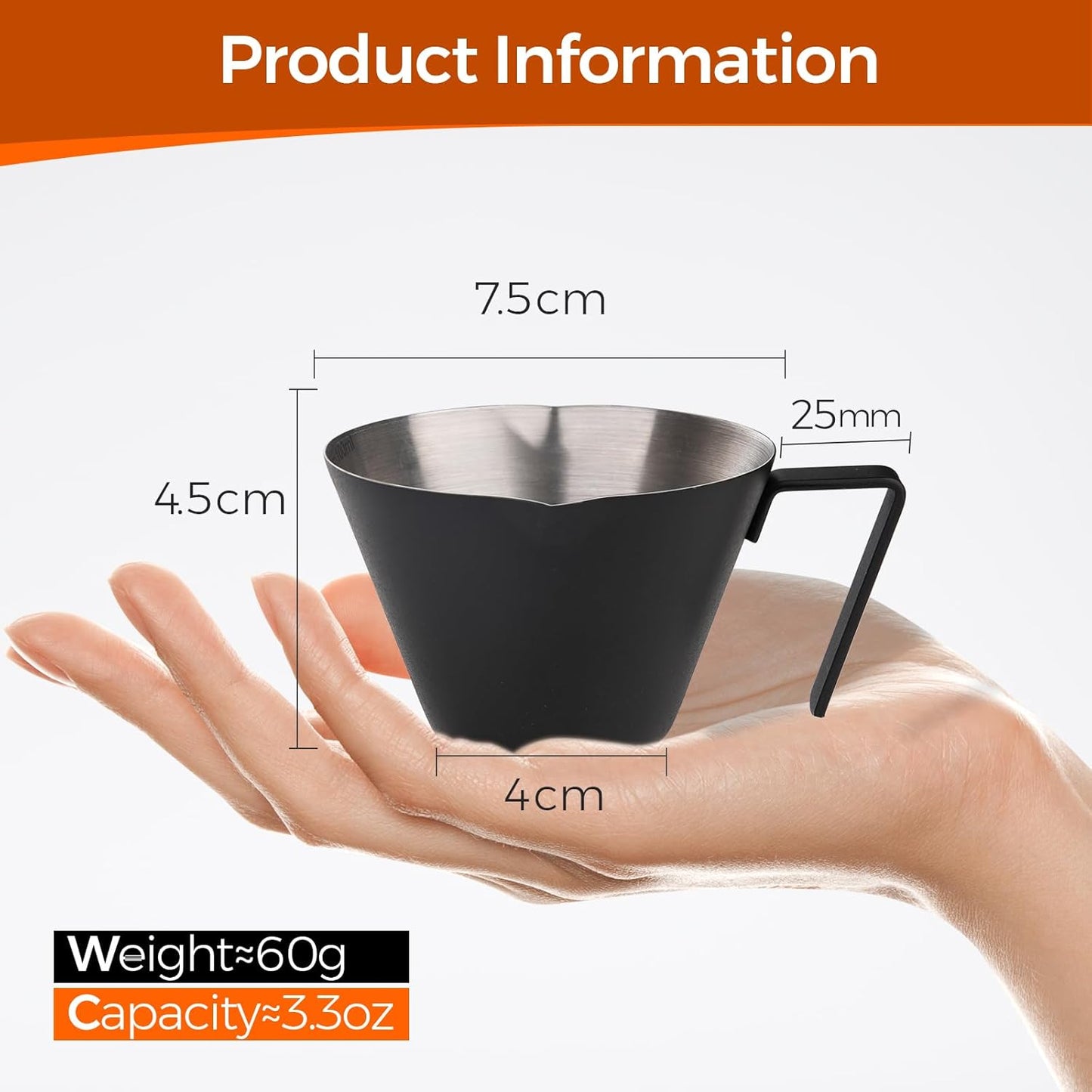 YARRAMATE Stainless Steel Espresso Shot Cup, Double Spout Metal Espresso Measuring Cup with V-Shaped Mouth, Espresso Accessories, 3.4OZ/100ML (Black)