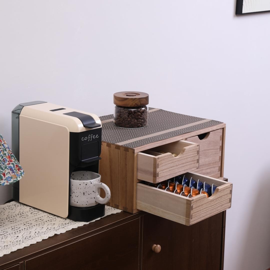 Capsules Coffee Storage Drawer for Pod K-cup Holder - Counter Organizer for Kitchen Utensil Storage - Wood Desktop Coffee Brewer Accessories Stand CF2D3C-LT