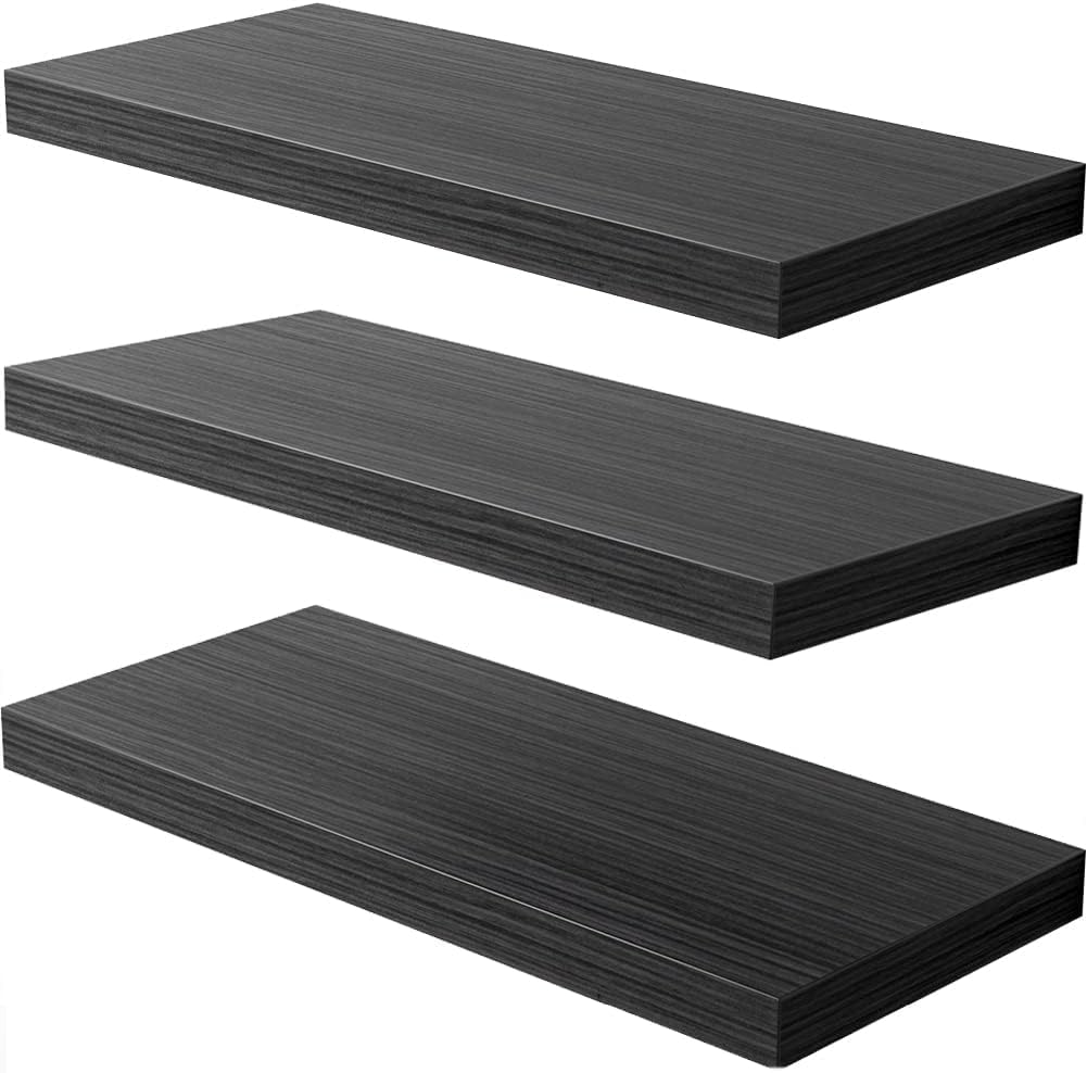 Floating Shelf, Set of 3 Wall Shelf, 30 in W x 12.75 in D x 2 in H Wooden Floating Wall Shelf with Invisible Brackets for Living Room/Bedroom/Bathroom/Kitchen Storage and Decor, Black Wood