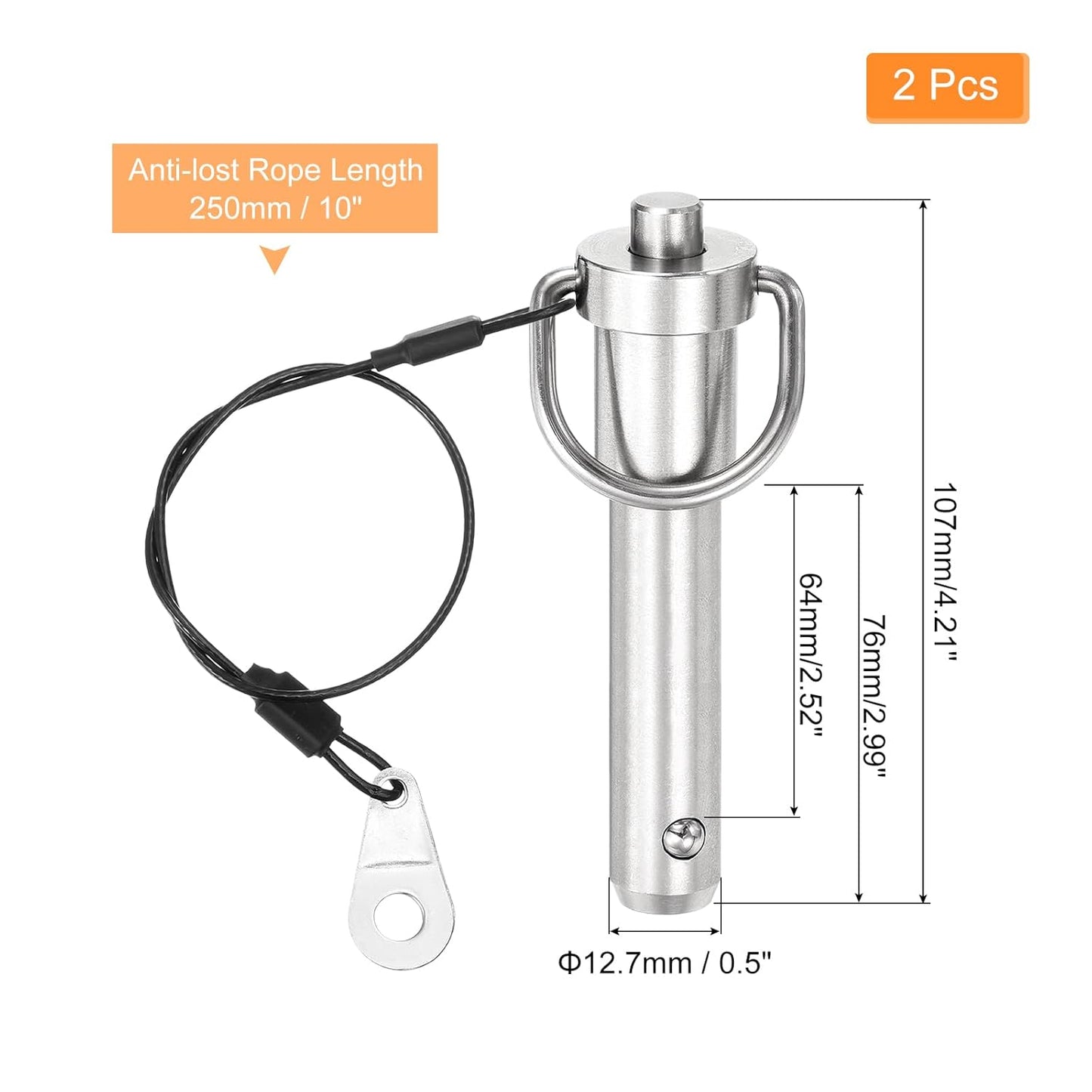 uxcell 2 Pcs Quick Release Pin, 1/2" x 2.52"(Dia. x L) Push-Button Ball Locking Pin 304 Stainless Steel Ring Handle Locking Pin with Wire for Audio Bimini Top Marine, Silver