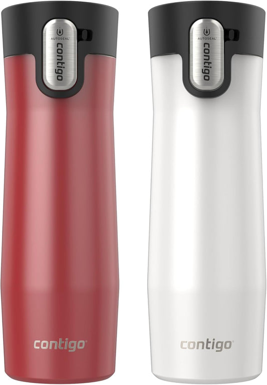 Contigo AUTOSEAL West Loop Vacuum-Insulated Stainless Steel Travel Mug with Easy-Clean Lid 20 oz 2 pack Goji Berry Frosted Pearl Frosted Pearl