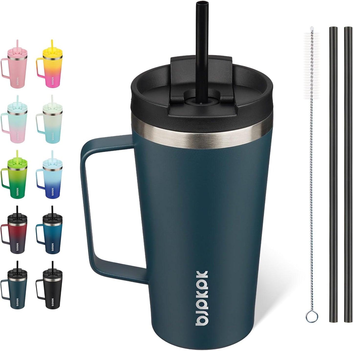 BJPKPK Insulated Tumbler with Handle, 18oz Insulated Tumblers with Lid and Straw, Stainless Steel Metal Water Bottles, Coffee Travel Mugs, Cups, Navy Blue