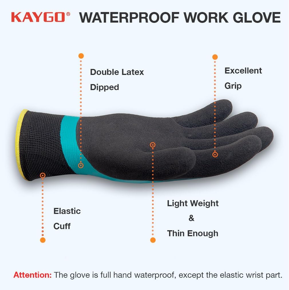 KAYGO Waterproof Work Gloves for Men and Women, Rubber Coated Non-slip Working Gloves for Garden, Outdoor Construction,3 pairs,Blue,L