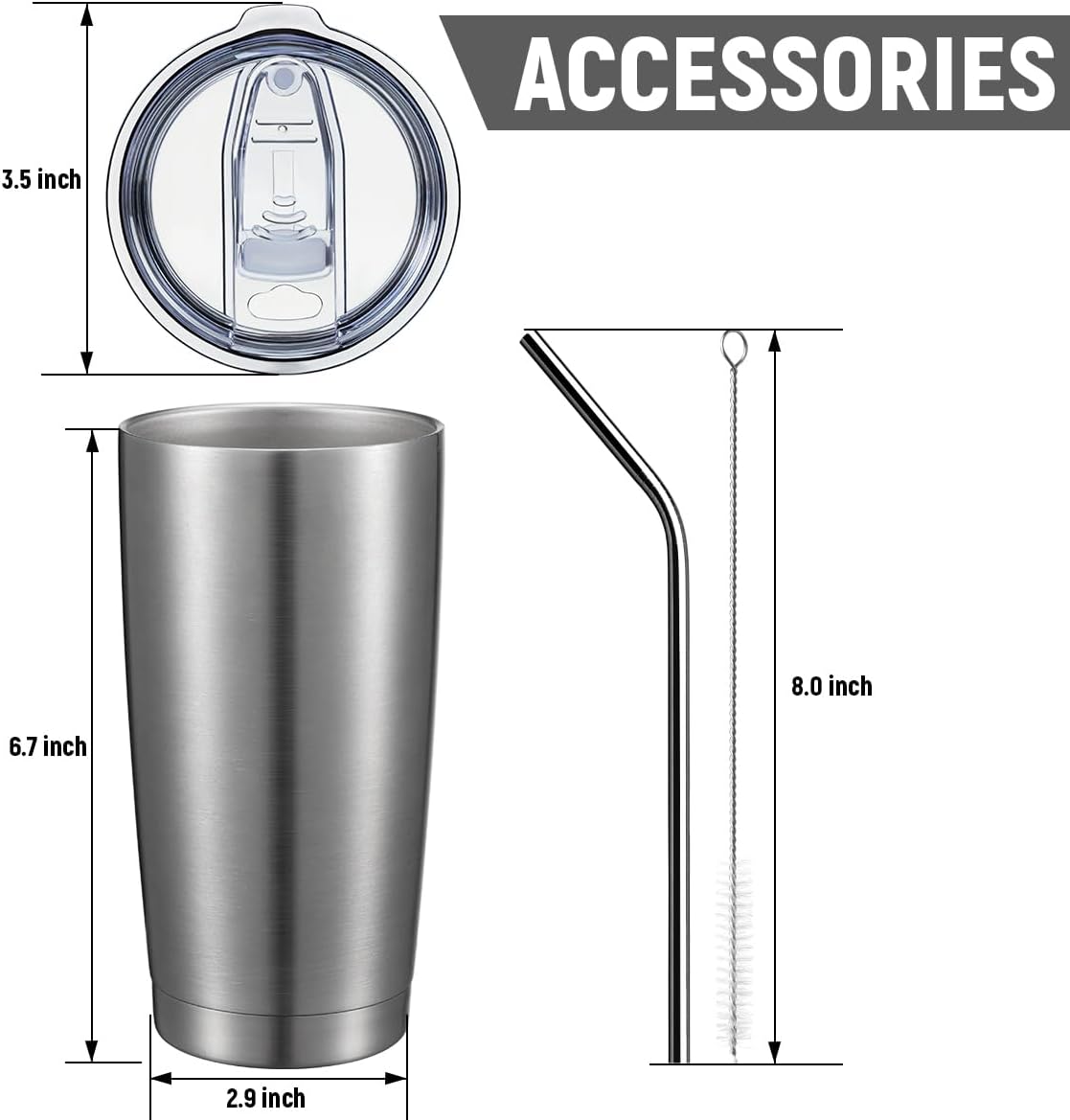 COMOOO 20oz Double Wall Vacuum Insulated Travel Mug, Stainless Steel Tumbler with Lid and Straw Durable Powder Coated Insulated Coffee Cup for Cold & Hot Drinks (Silver. 2 pack