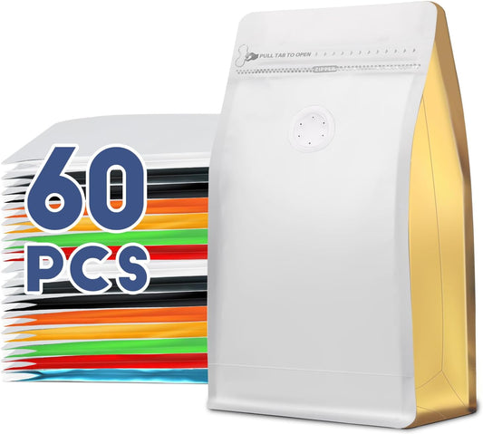 Coffee Bags with Valve(60pcs,8 oz,1/2 lb) Vented Coffee Beans Packaging Bags High Barrier Aluminumed Foil Flat Bottom Heat Sealed Side Zipper Resealable Storage Bag for Home or Business（White+Gold）