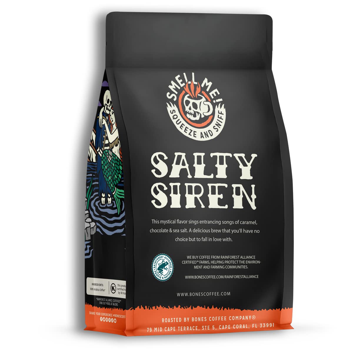 Bones Coffee Company Salty Siren, Sea Salted Caramel Chocolate Flavored Coffee, Medium Roast Low Acid Arabica Beans Compatible with Auto drip and French Press Coffee Maker, 12 Oz Ground