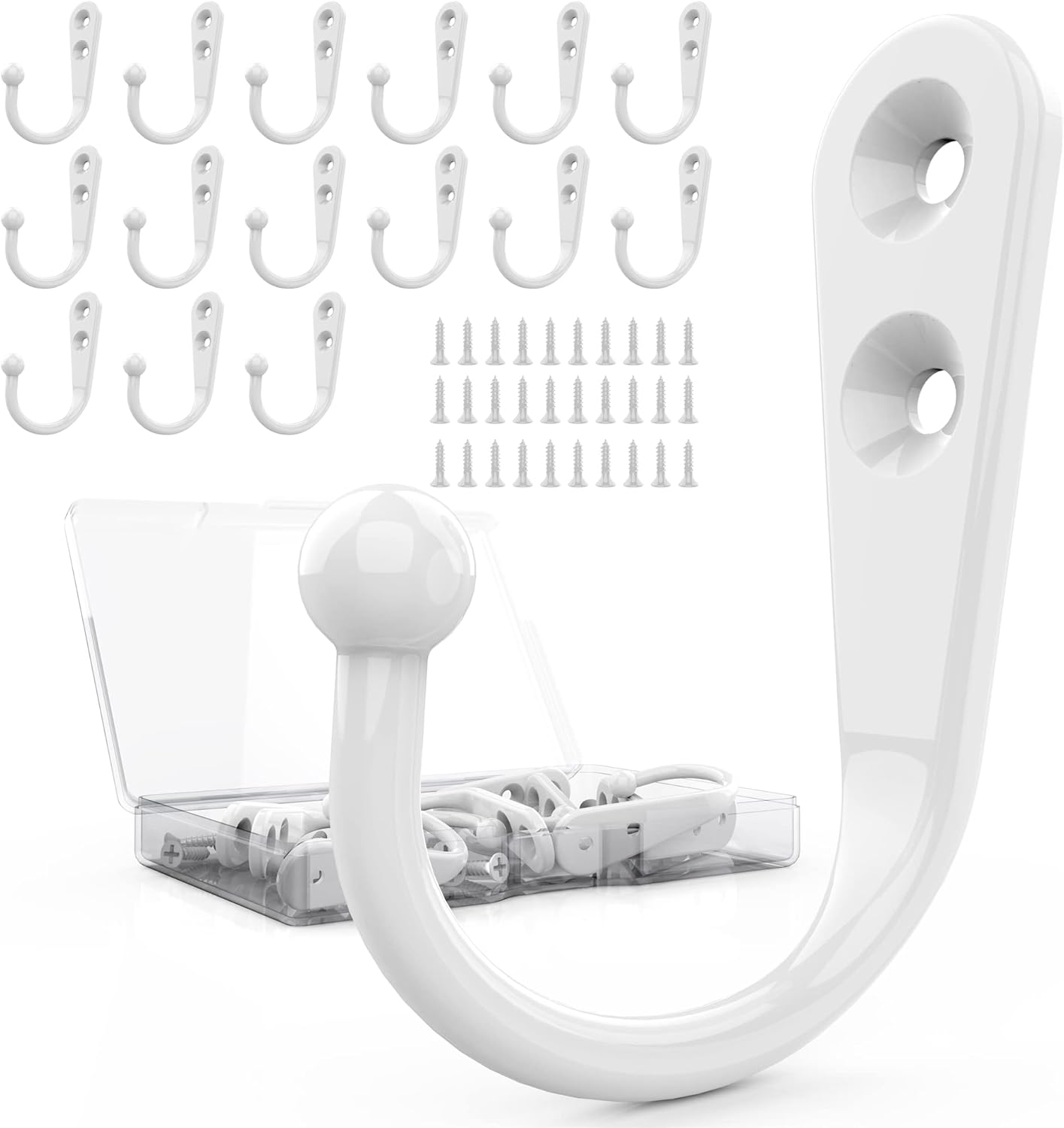 15-Pack Coat Hooks with 30 Screws | Heavy Duty Wall Mounted Hooks for Robe, Backpack, Keys & Entryway Storage | Multi-Use Hanging Hardware (White)