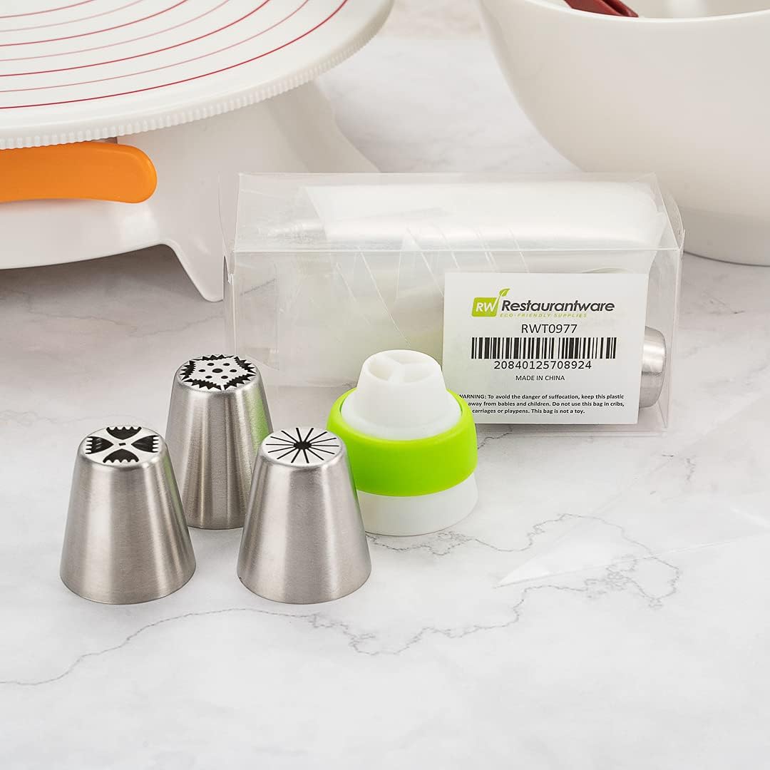 Restaurantware Pastry Tek Russian Piping Tips Set 20 Piece Durable Cake Decorating Kit - 9 Piping Tips 10 Piping Bags Stainless Steel Piping Bags And Tips Set 1 Tri-Color Coupler