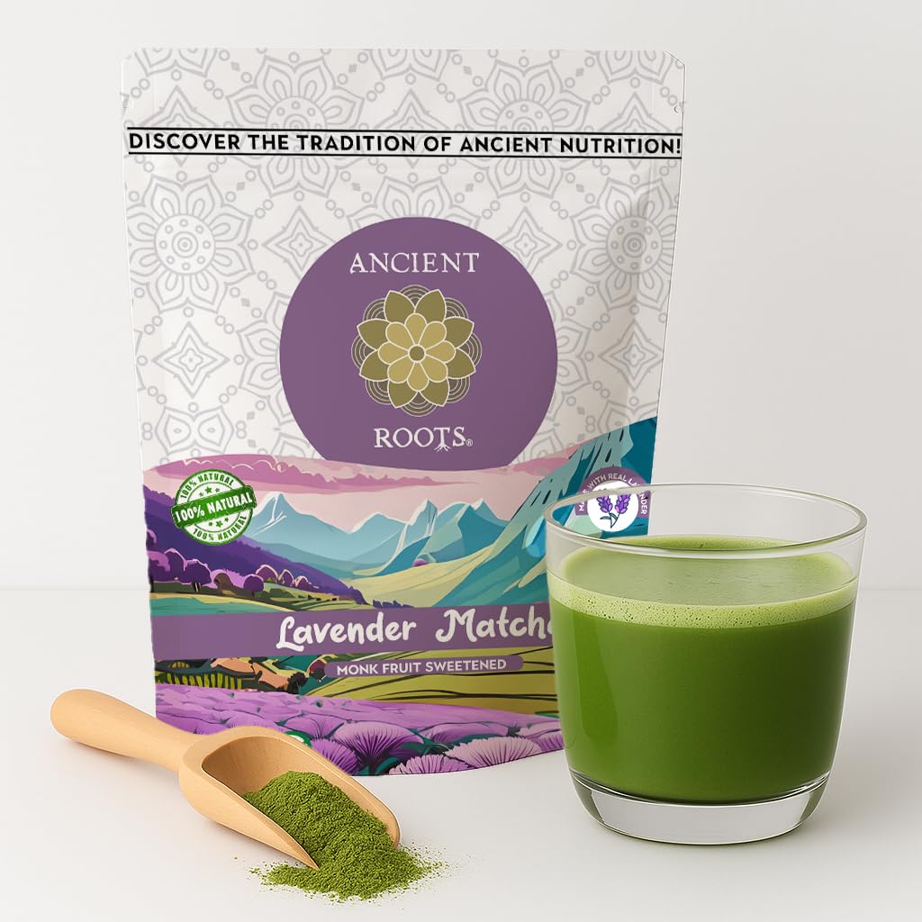 Ancient Roots Lavender Matcha - Green Tea Powder - 100% Japanese Matcha, All-natural Flavor No Added Sugar, Monk Fruit Sweetened, Clean Caffeine, Big Size,10.5 Ounce