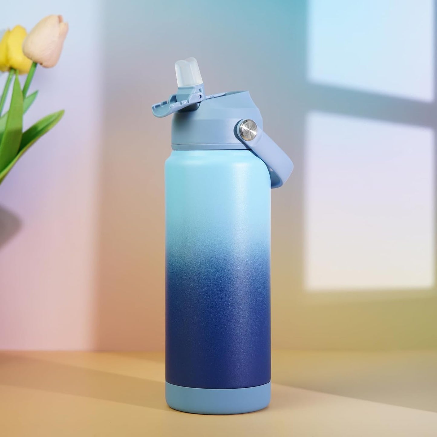 BJPKPK Water Bottle with Straw Lid, 24oz Vacuum Insulated Water Bottles, Metal Stainless Steel Thermos for Sports, Travel, BPA Free Leak Proof Thermos, Cups, Flasks, Tumblers,Sky