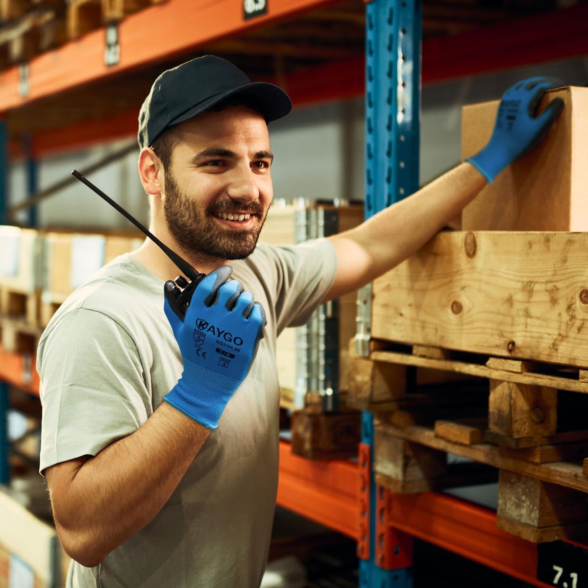 KAYGO Safety Work Gloves PU Coated,12 Pairs KG11PB, Seamless Knit Glove with Polyurethane Coated Smooth Grip on Palm & Fingers, for Men and Women, Ideal for General Duty Work (Medium,Blue)