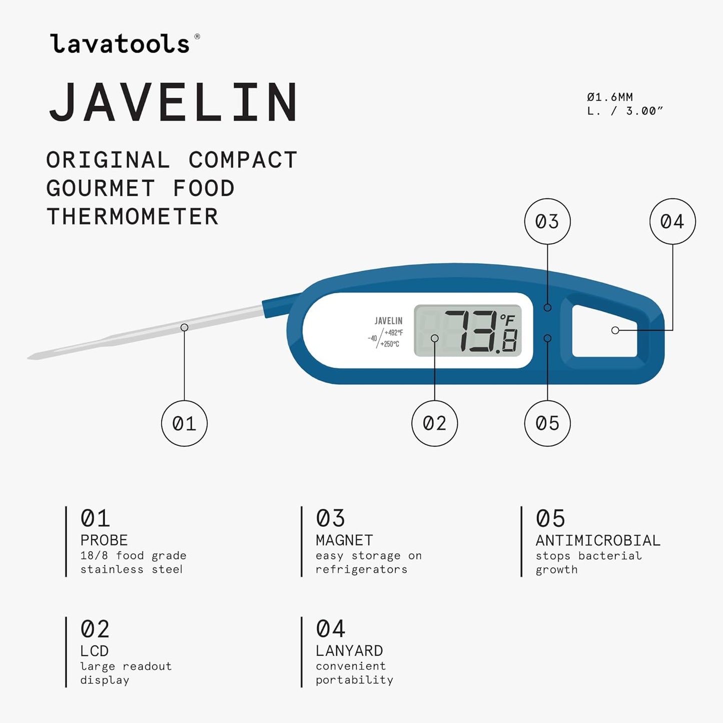 Lavatools Javelin® Ultra-Fast 2-Second Digital Instant Read Meat Thermometer for Grill and Cooking, 2.75" Probe, Compact Foldable Design, Large Display, IP65 Water Resistant, NSF Certified – Maize