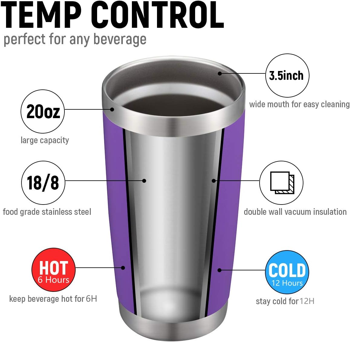 COMOOO 20oz Double Wall Vacuum Insulated Travel Mug, Stainless Steel Tumbler with Lid and Straw Durable Powder Coated Insulated Coffee Cup for Cold & Hot Drinks (Purple. 2 Pack