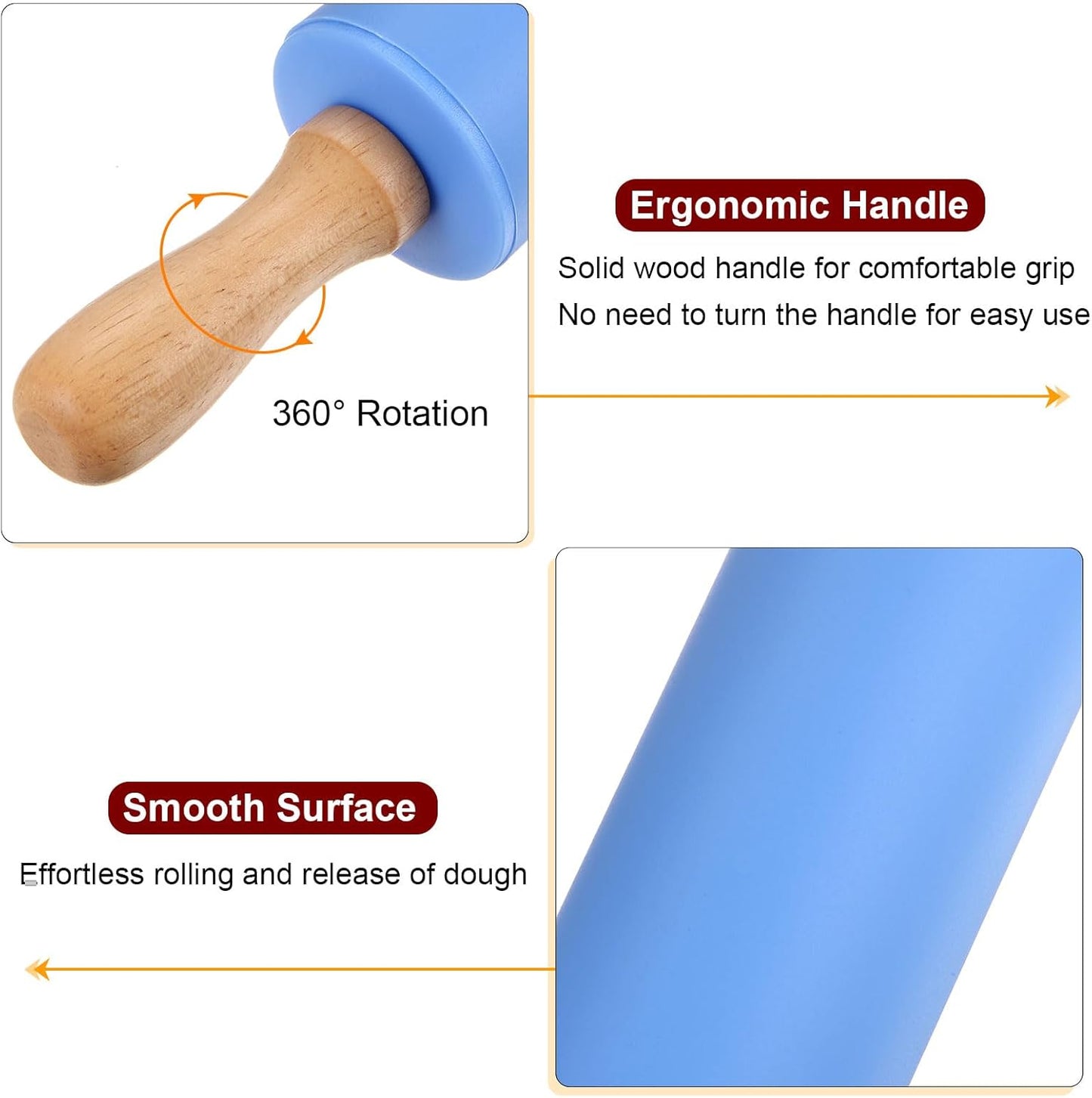 HARFINGTON Silicone Rolling Pins for Baking 12 Inch Wooden Handle Non Stick Rolling Pin Small Roller Playdough Rolling Pins for Dough Pizza Pastry Fondant Kitchen, Blue