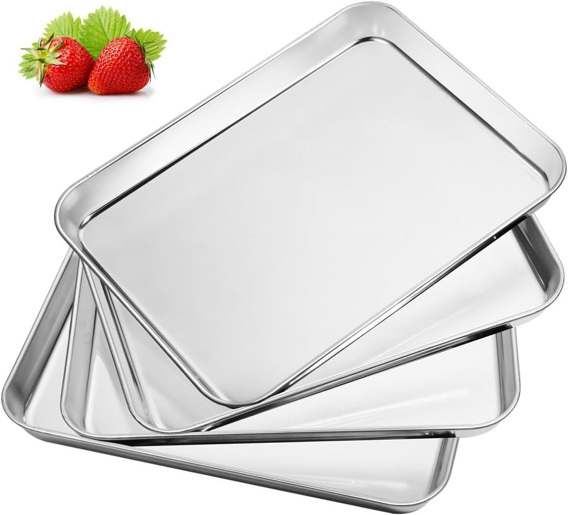 Baking & Cookie Sheets Set of 4, Yododo Stainless Steel Compact Toaster Oven Pan Tray Ovenware Professional, Size 10.23 x 8.26 x 1 inch, Heavy Duty, Deep Edge, Superior Mirror Finish, Dishwasher Safe