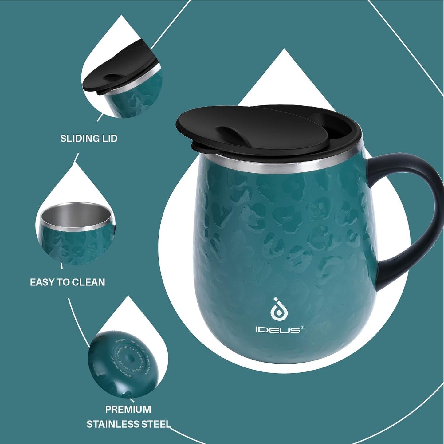Ideus 16 oz (470 ml) Insulated Coffee Mug with Handle and Lid, Double Wall Stainless Steel Vacuum Thermal Coffee Mug, Travel Coffee Cup Thermal Cup for Home and Office, Leopard Green