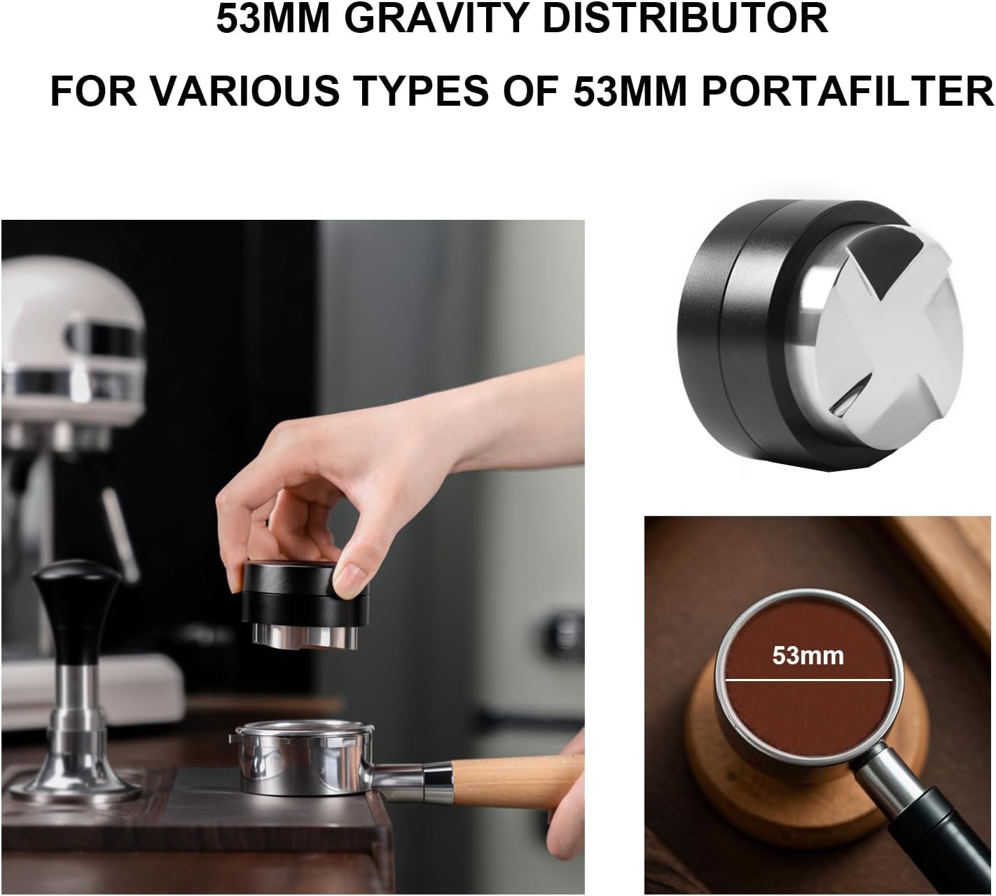 53mm Coffee Distributor, Gravity Espresso Distribution Tool with Adaptive Height for Barista, Coffee Leveler for 53mm Portafilter, Black