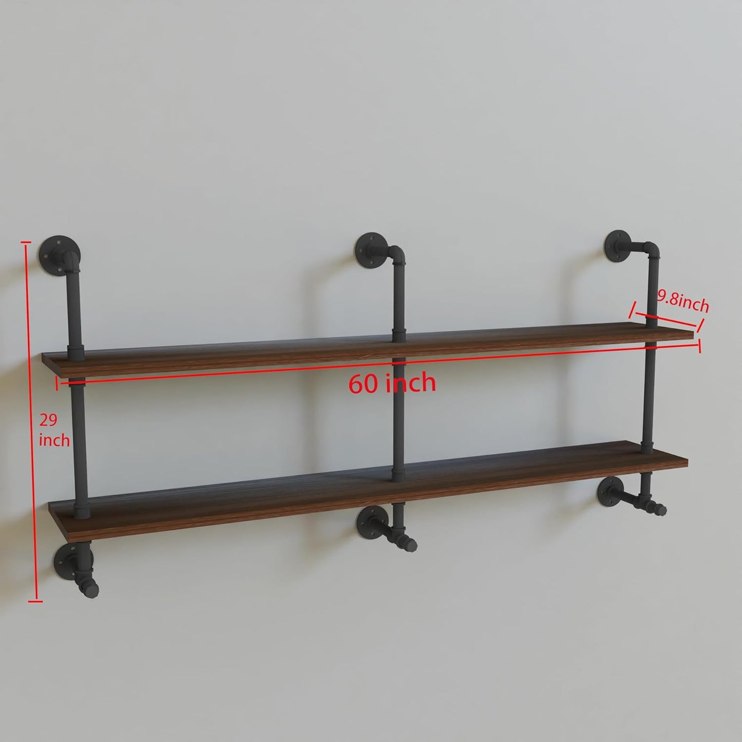 Industrial Pipe Wall Shelves Pipe Shelving with Real Wood Plank ,60 Inches Floating Shelves for Wall Farmhouse Pipe Book Shelves Dark Brown 2 Tier for Kitchen,Living Room Decor and Bar Shelving