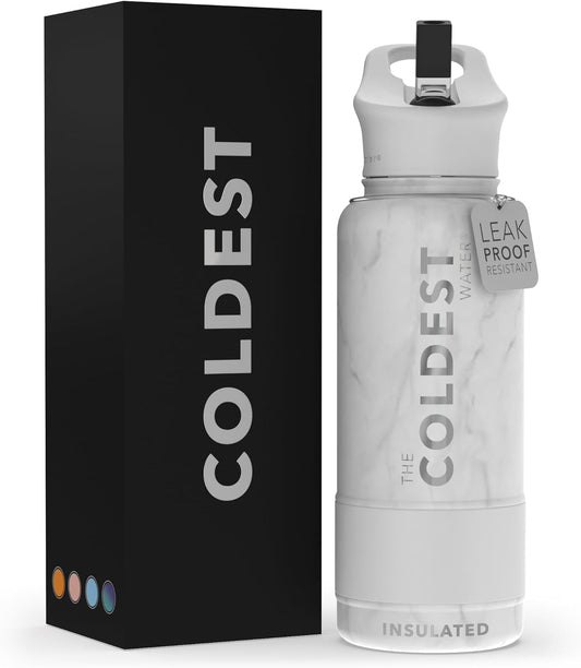 Coldest Insulated Water Bottle with Straw Lid - Stainless Steel Metal Insulated Bottle for Men & Women (Marble White, 32 oz)