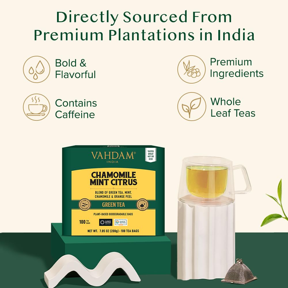 VAHDAM, Chamomile Mint Citrus Green Tea Bags (100 Count) Low Caffeine, Non GMO, Gluten Free | Sweet & Floral | Resealable Ziplock Pouch | Chamomile Tea Bags