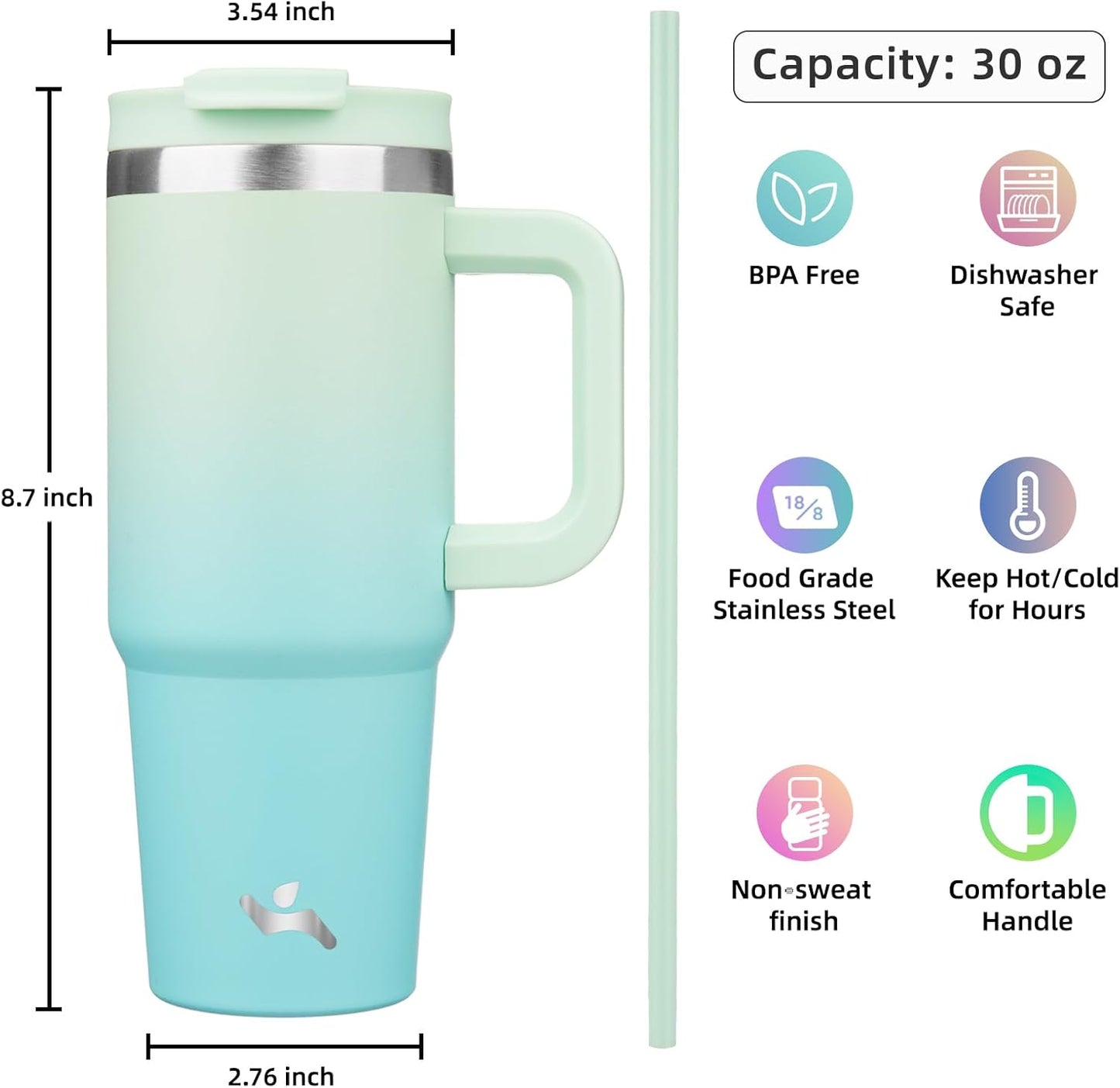 30 oz Tumbler with Handle and 2 Straws,2 in 1 Lid Insulated Water Bottle Stainless Steel Travel Coffee Mug,Mint