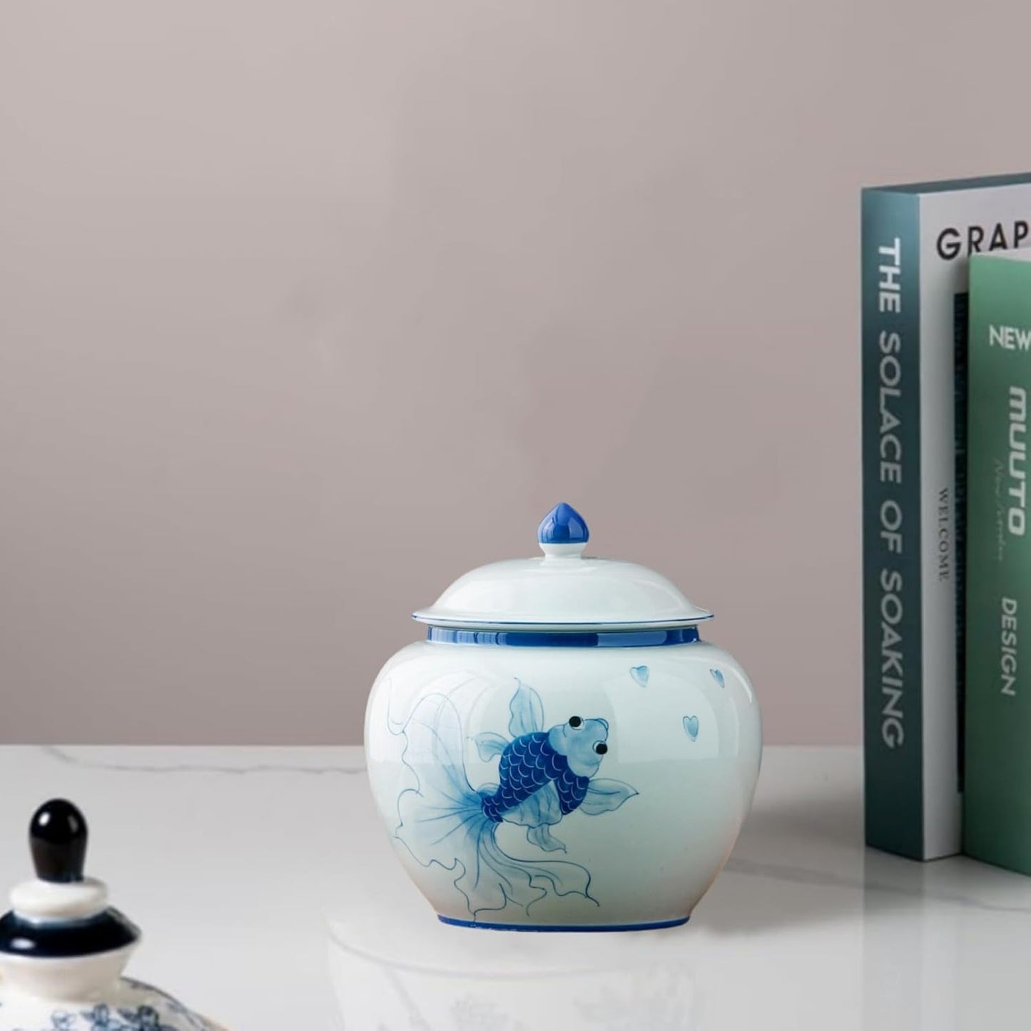 5 inches Ginger jar Lid - blue fish decorative Ceramic Ginger jar vase with Lid， chinoiserie gift koi decor small jars for Home decor/jewelry/Tea/coffee beans/Storage