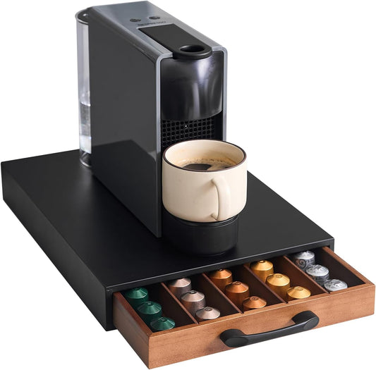 Coffee Pod Holder Compatible with Nespresso OriginalLine Capsules – 50-Pod Acacia Wood Drawer Organizer with Anti-Slip Base – Space-Saving Coffee Capsule Storage for Espresso Stations & Countertops