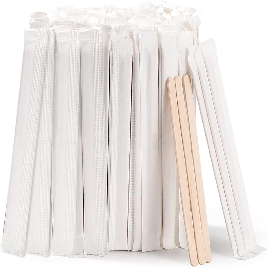 200pcs Individually Wrapped Coffee Stirrers Wood - 5.5" Coffee Stir Sticks, Round End Disposable coffee stirrer, For Coffee, Cocktail and Hot Drinks