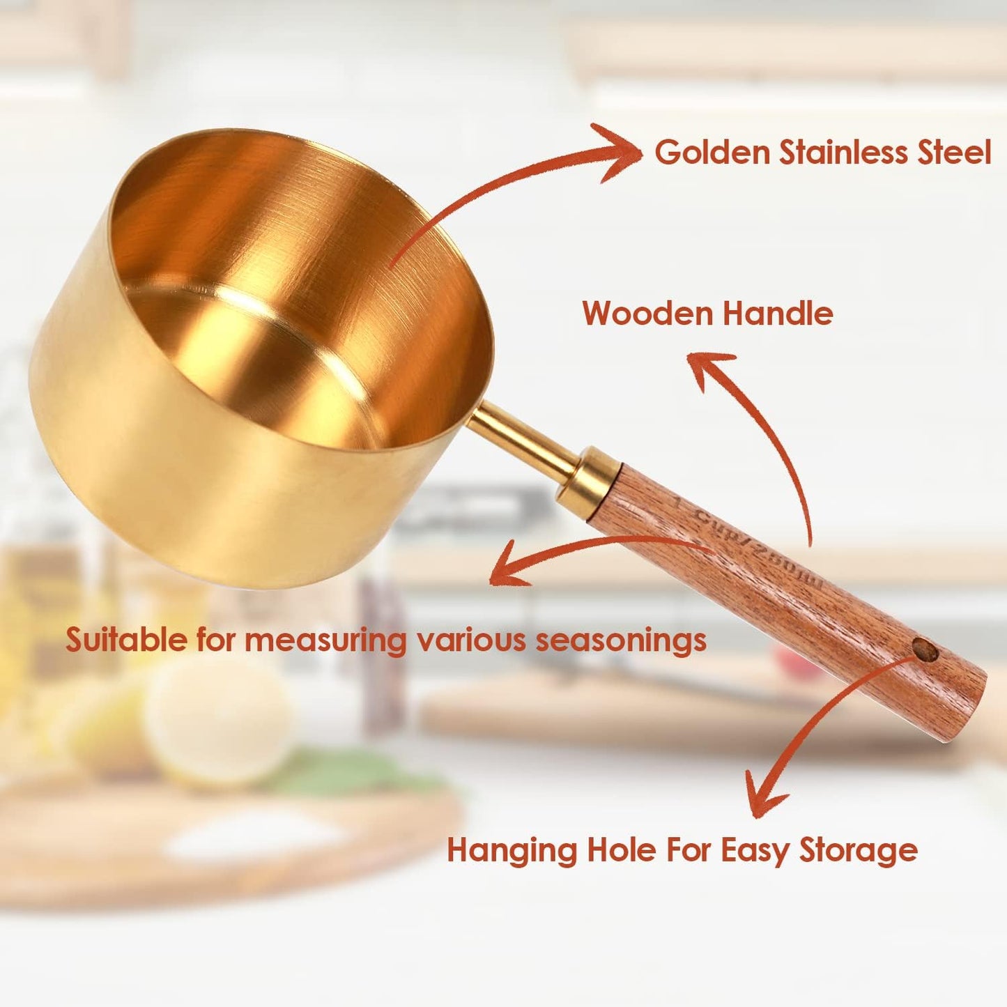 Collection 8 Piece Gold Measuring Cups Set and Measuring Spoons, Golden With fragrant wood Handles-Complete Set of Measure Cups and Spoons For Cooking and Baking.…