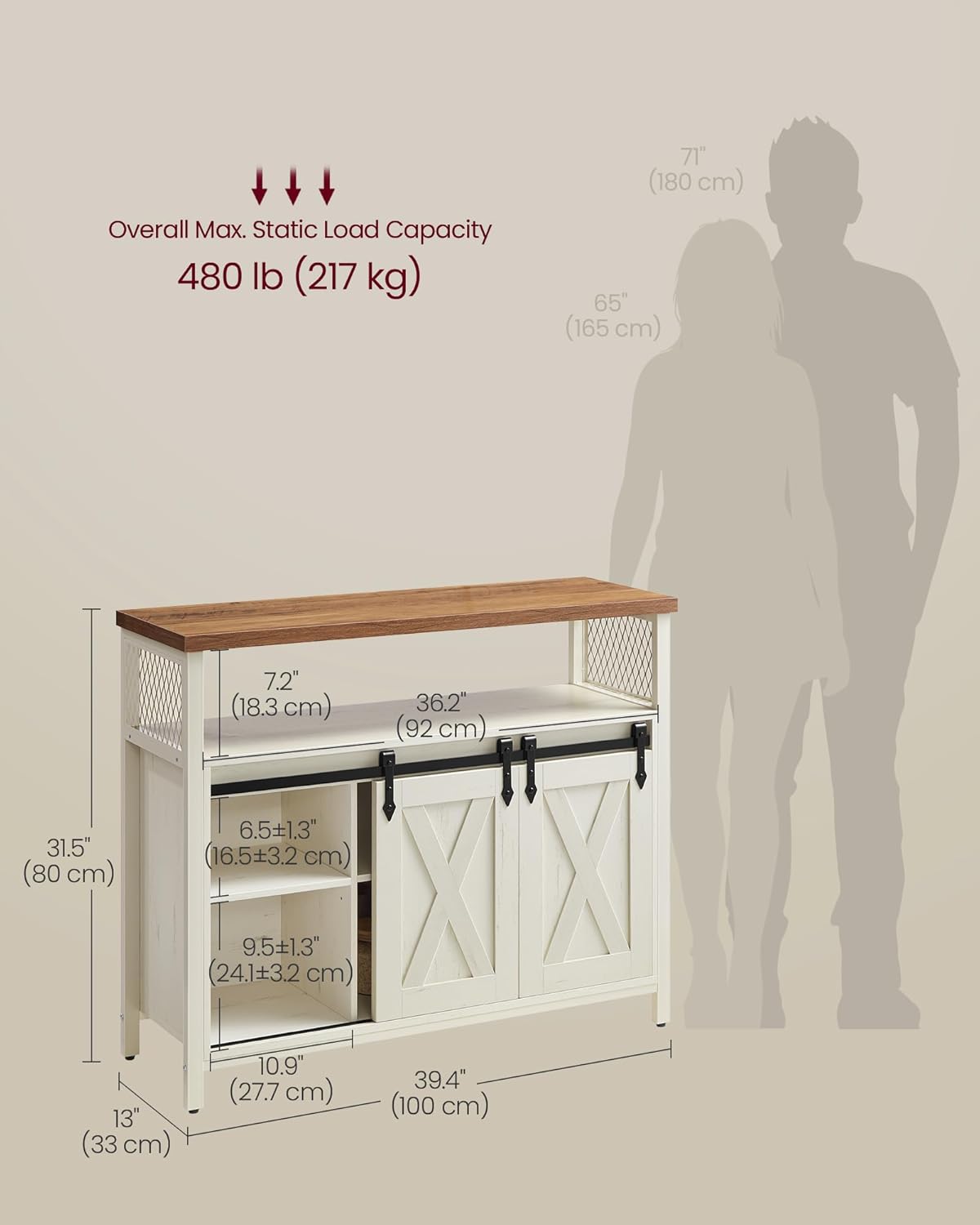 VASAGLE Buffet Cabinet, Coffee Bar Storage Cabinet, Sideboard with 2 Sliding Barn Doors, Adjustable Shelves, 13 x 39.4 x 31.5 Inches, for Living Room, Rustic White and Honey Brown ULSC092W01