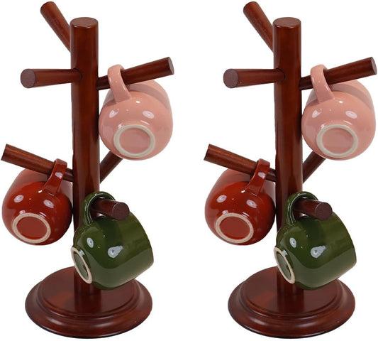 Pack 2 Mug Tree 6 Hooks Rubberwood 13.5"x7"x7", Strudy & Thick Base, Large & Small Cup Holder Tree Wooden for Jewelry, Kitchen Tools, Pantry, Ornaments, Countertop, Table Organizer (Brown)