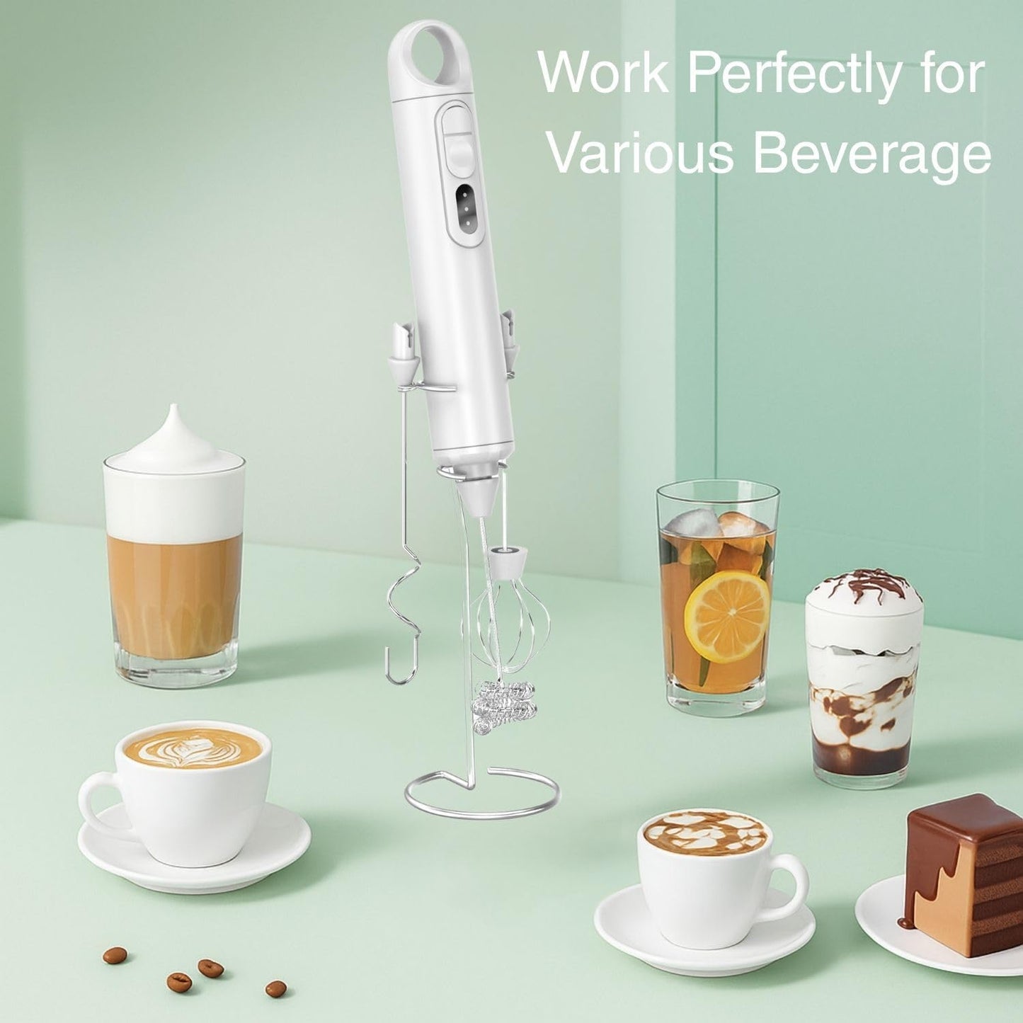 Rechargeable Milk Frother Handheld 3 Speed Coffee Foamer [3 Whisk] Electric Drink Mixer for Latte, Cappuccino, Coffee, Eggs, Hot Chocolate, White
