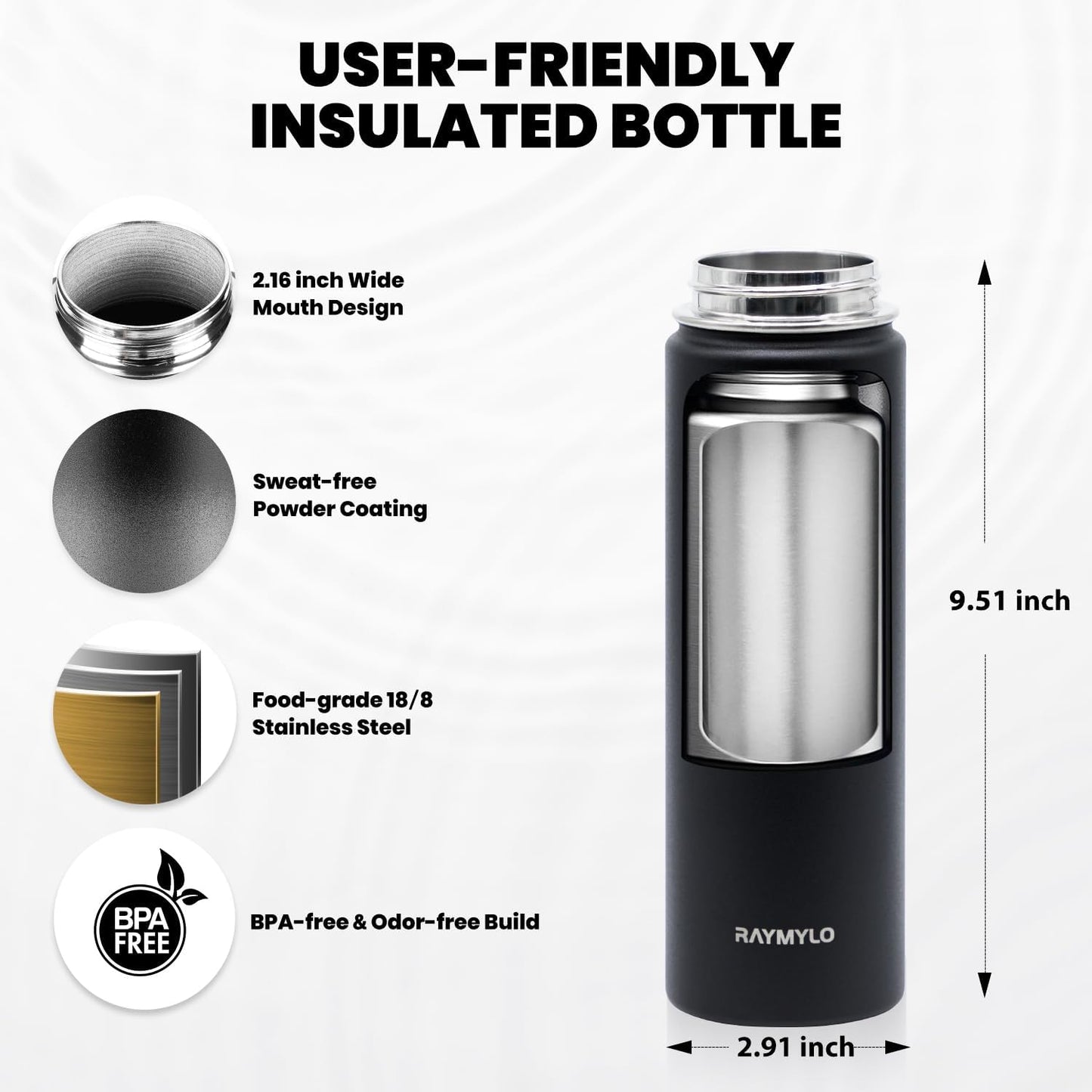 Insulated Water Bottle 20 oz, Triple Wall Vacuum Stainless Steel (Cold for 48 Hrs), Leak Proof & Non-BPA, Kids Water Bottle Jug for School with Straw Spout Lids, Magic Black