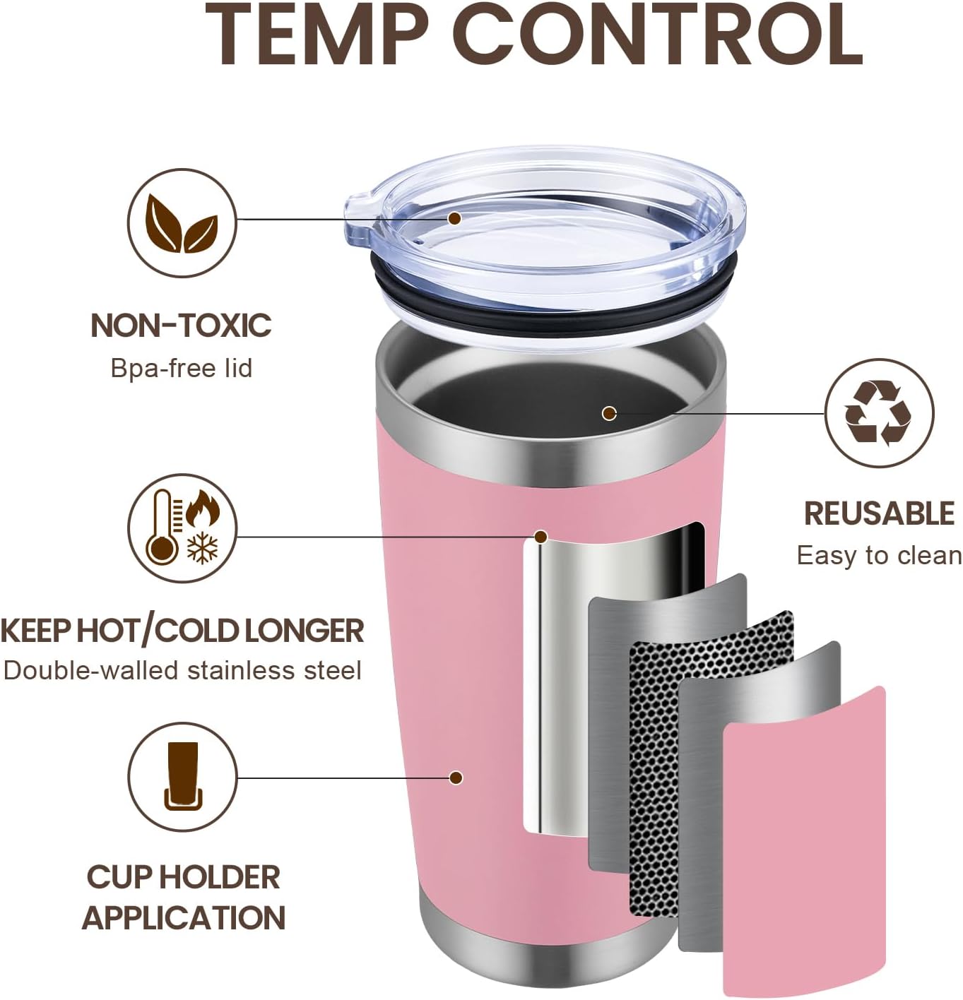 MEWAY 20oz Tumbler 8 Pack Double Wall Vacuum Insulated Travel Mug Bulk, Stainless Steel Tumblers with Lid and Straw, Durable Powder Coated Coffee Cups for Cold & Hot Drinks (Pink, 8)