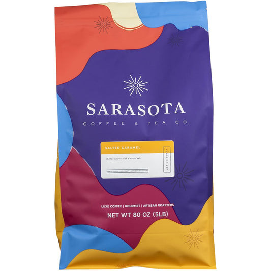 Sarasota Coffee Whole Bean Salted Caramel | Medium Roast Gourmet Flavored Coffee Beans | Low Acid, Mold Free, Specialty Grade Bulk Beans | 5lb (80 oz)