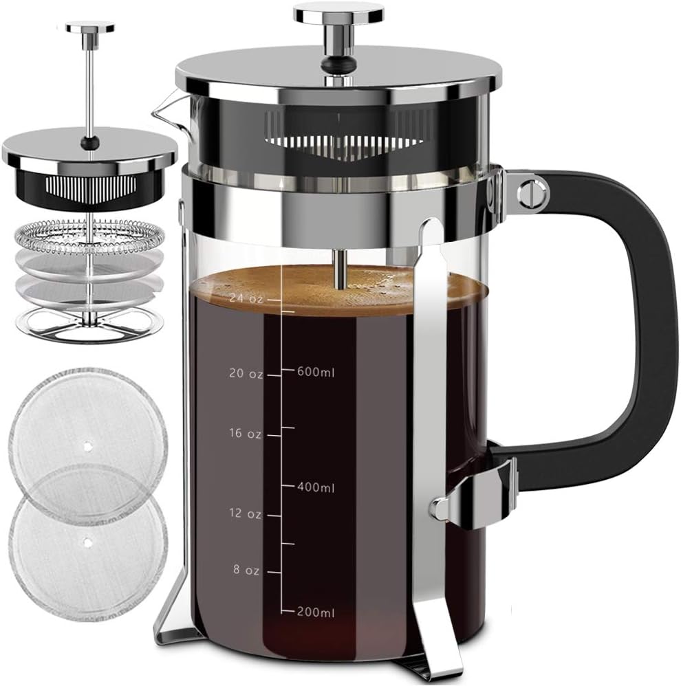 QUQIYSO French Press Coffee Maker 34oz 304 Stainless Steel French Press with 4 Filter, Heat Resistant Durable, Easy to Clean, Borosilicate Glass Coffee Press, 100% BPA Free Glass Teapot, Silver