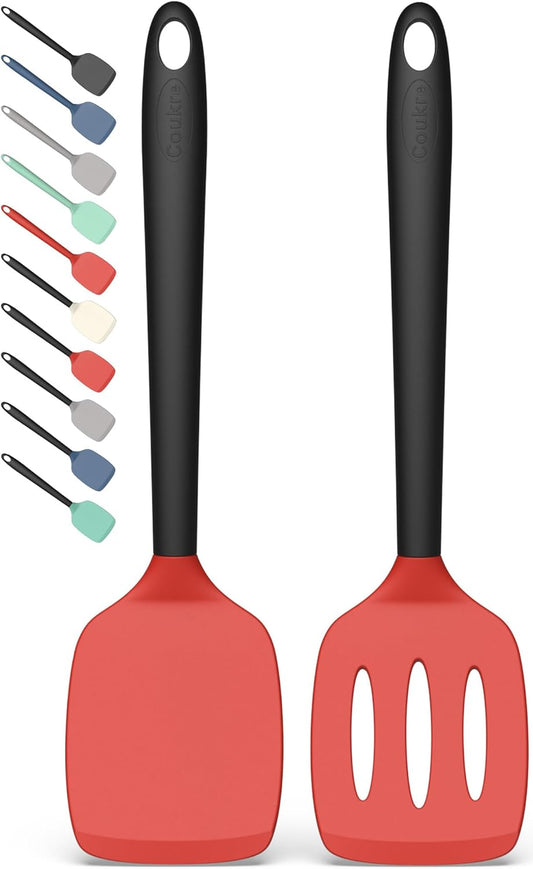 Coukre 2 Pack Silicone Spatula Set, High Heat Resistant, BPA Free Kitchen Spatula, Solid & Slotted Turner for Non-Stick Pans, Sautéing, and Flipping (2, Red)