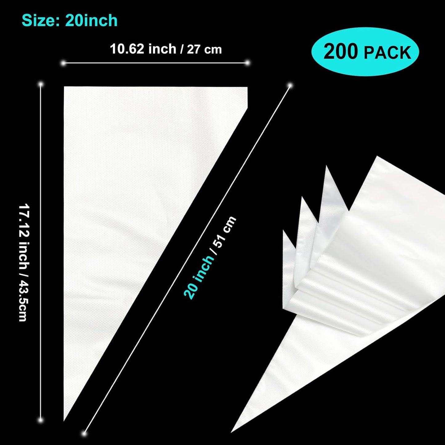 20 Inch icing bags Disposable, AMBESTAR 200 Pcs Large Pastry Bags Disposable, Thick Plastic Non-Slip Anti-Burst Cake Decorating Bag for Frosting Decorating Cake Cupcake Cookie, Easy to Squeeze