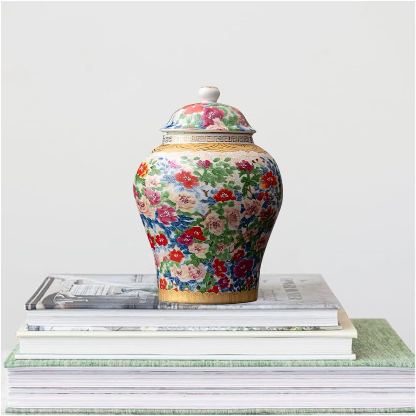 8 inches Ginger Jar with Lid- colored flowers pattern Ceramic Decorative small Ginger Jars， chinoiserie gift Enamel decor jar for Home/Kitchen/Dining/living room/shelf decor/Tea Storage