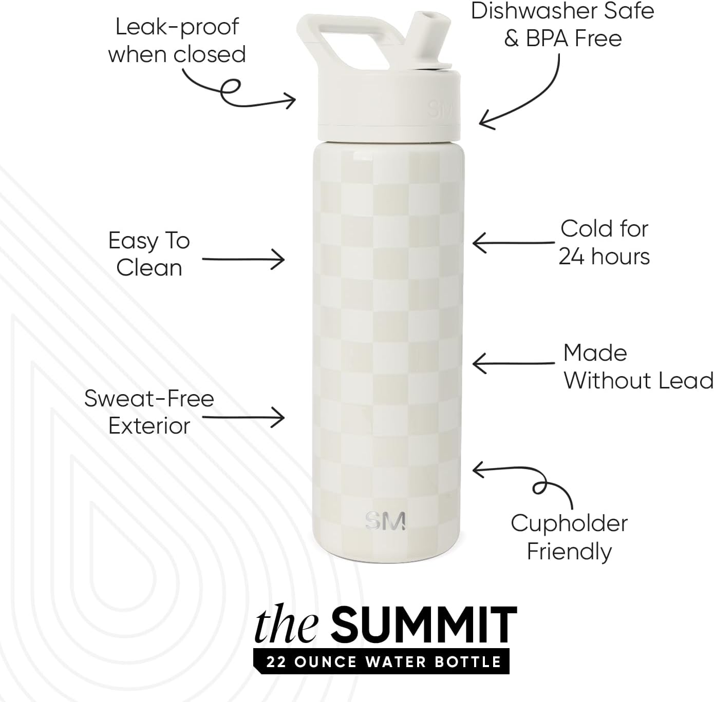 Simple Modern Water Bottle with Straw Lid | Vacuum Insulated Stainless Steel Metal | Reusable Leak Proof BPA-Free Cup for School | Summit Collection | 22oz, Cream Checkmate