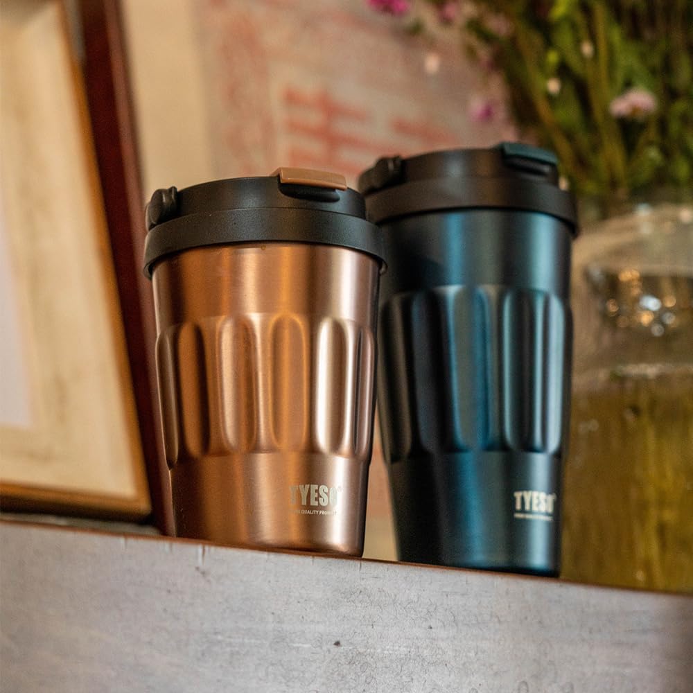 TYESO Stainless Steel Portable Tumbler with Flip Lid,Travel Mug with Concealed Carry Handle, Leakproof Insulated Coffee Cup (ROSE GOLD, 17 OZ)