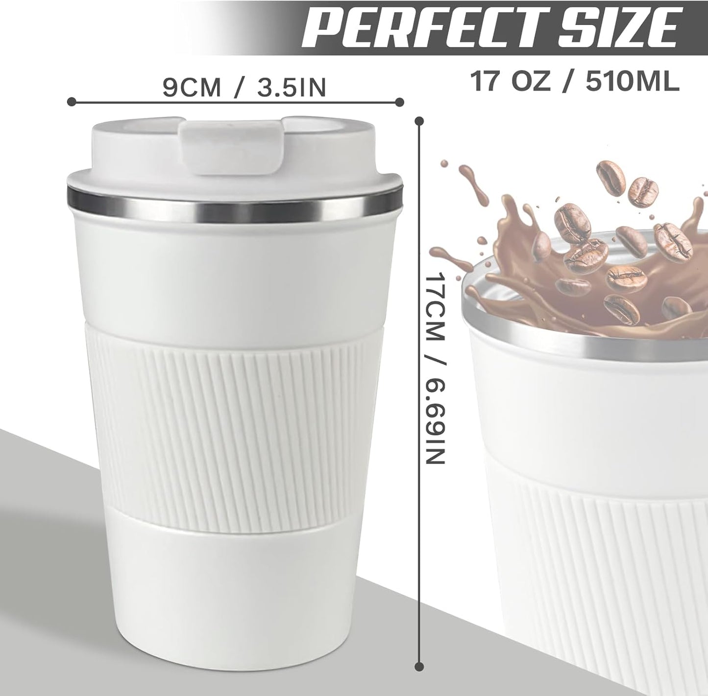 Vacuum-Insulated Stainless Steel Travel Coffee Mug, Leak-Proof Reusable Coffee Cup with Lid - Keep Hot & Cold Drinks for Hours, Durable Thermos Tumbler for Men & Women (3rd-White, 17OZ)