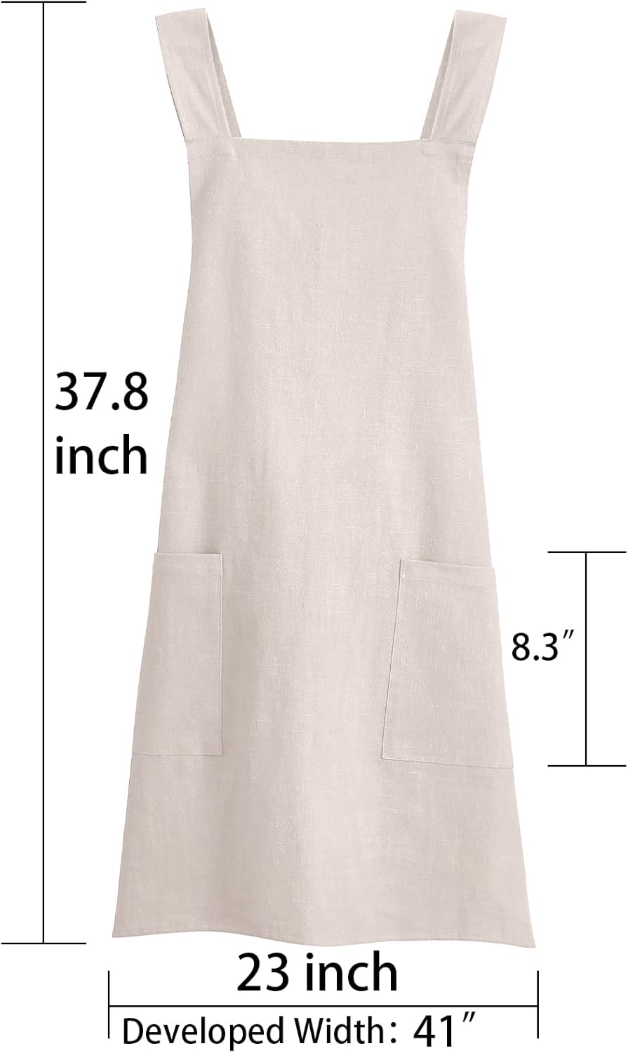 Soft Cotton Linen Apron for Women - Non-tie Cross Back Apron with Pockets, Great for Florist and Kitchen
