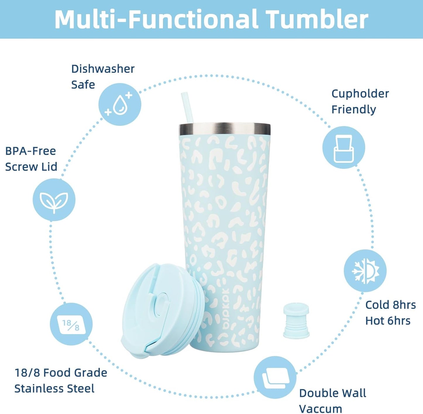 BJPKPK 26oz Tumbler With lid And Straw Stainless Steel Travel Coffee Mug Insulated Tumblers Cups,Light Blue Leopard