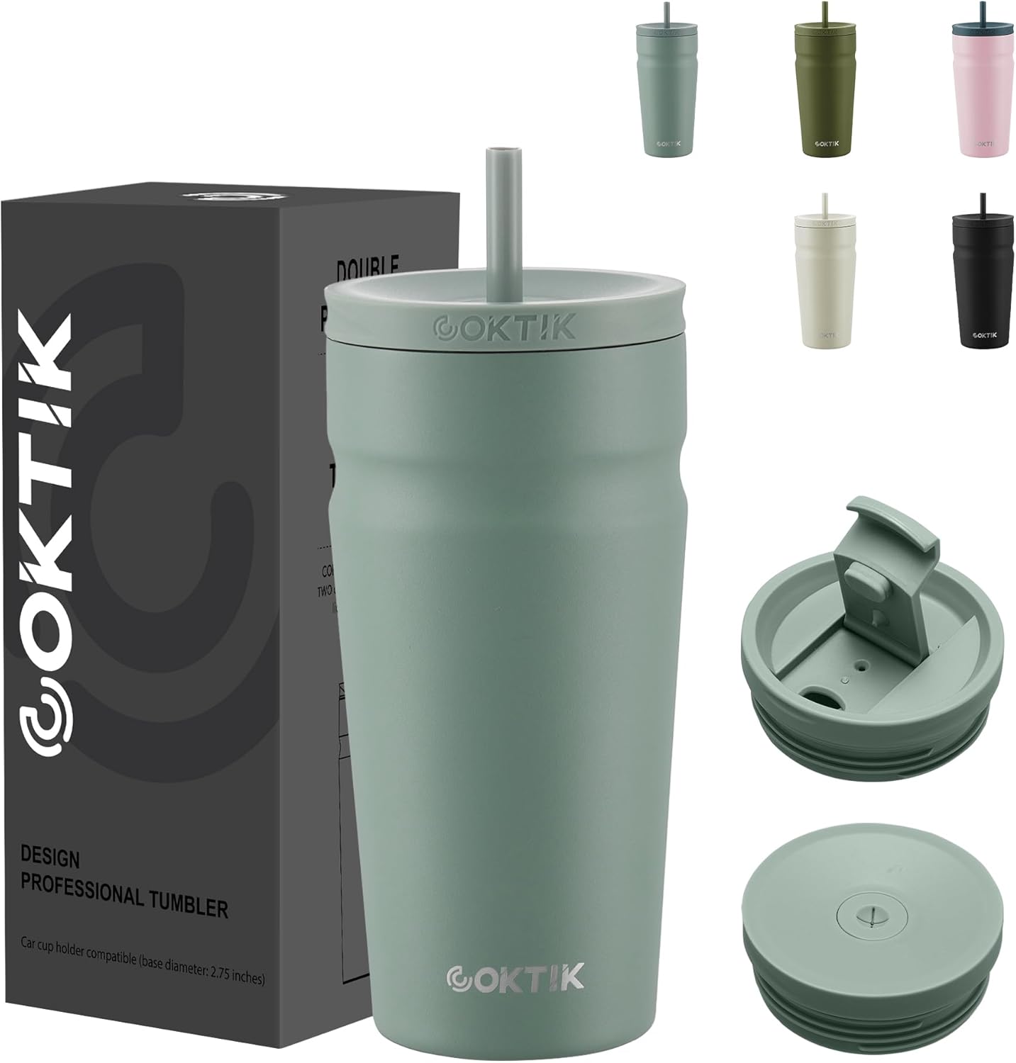 COKTIK 20oz Insulated Tumbler with Lid and Straw 2 Lids (Straw/Flip) Iced Coffee Cup Reusable Stainless Steel Travel Mug Water Bottle Cupholder Friendly for Women Men Her Him (Bay Leaf)