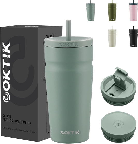 COKTIK 20oz Insulated Tumbler with Lid and Straw 2 Lids (Straw/Flip) Iced Coffee Cup Reusable Stainless Steel Travel Mug Water Bottle Cupholder Friendly for Women Men Her Him (Bay Leaf)