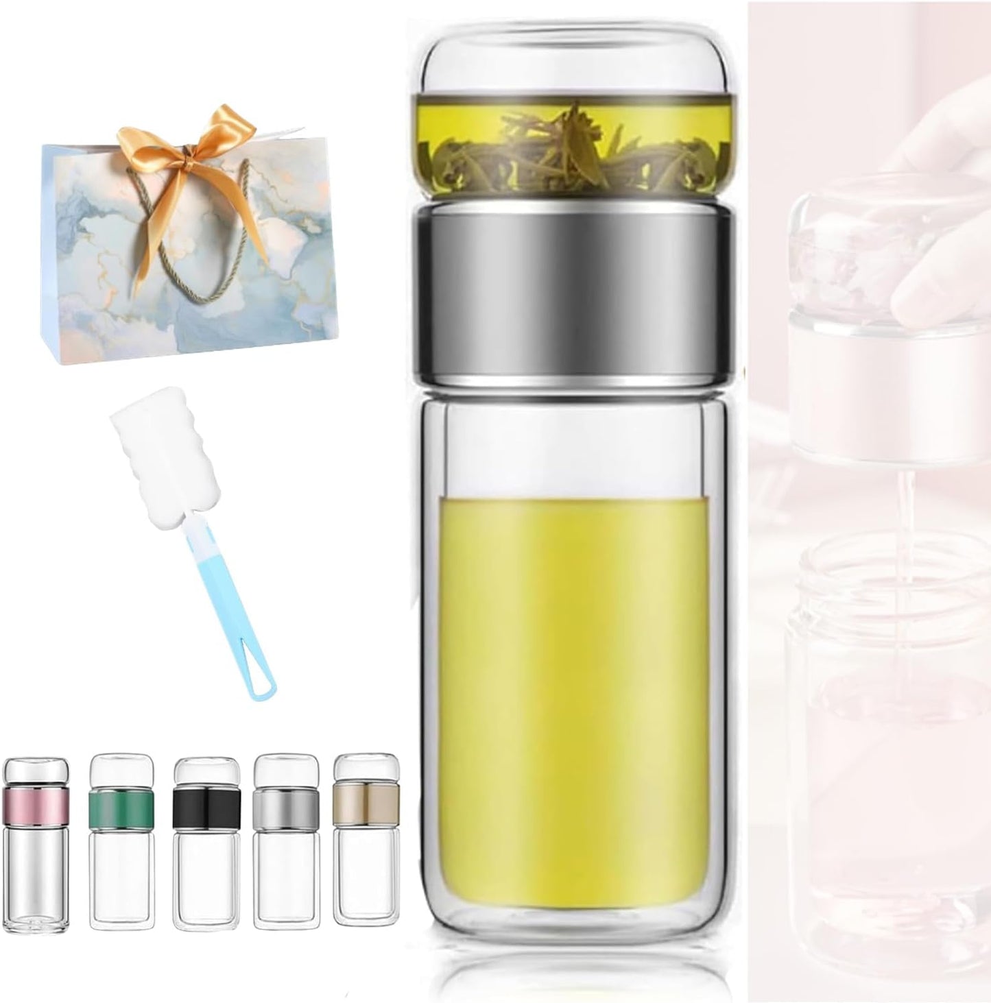 Tryteava Glass Infuser, Tryteava 3-in-1 Smart Tea Infuser, Portable Glass Double Wall Tea Infusers Bottle, with Stainless Steel Filter, Hot & Cold Brew, For Loose Leaf, Office Home (Silver, 420ml)