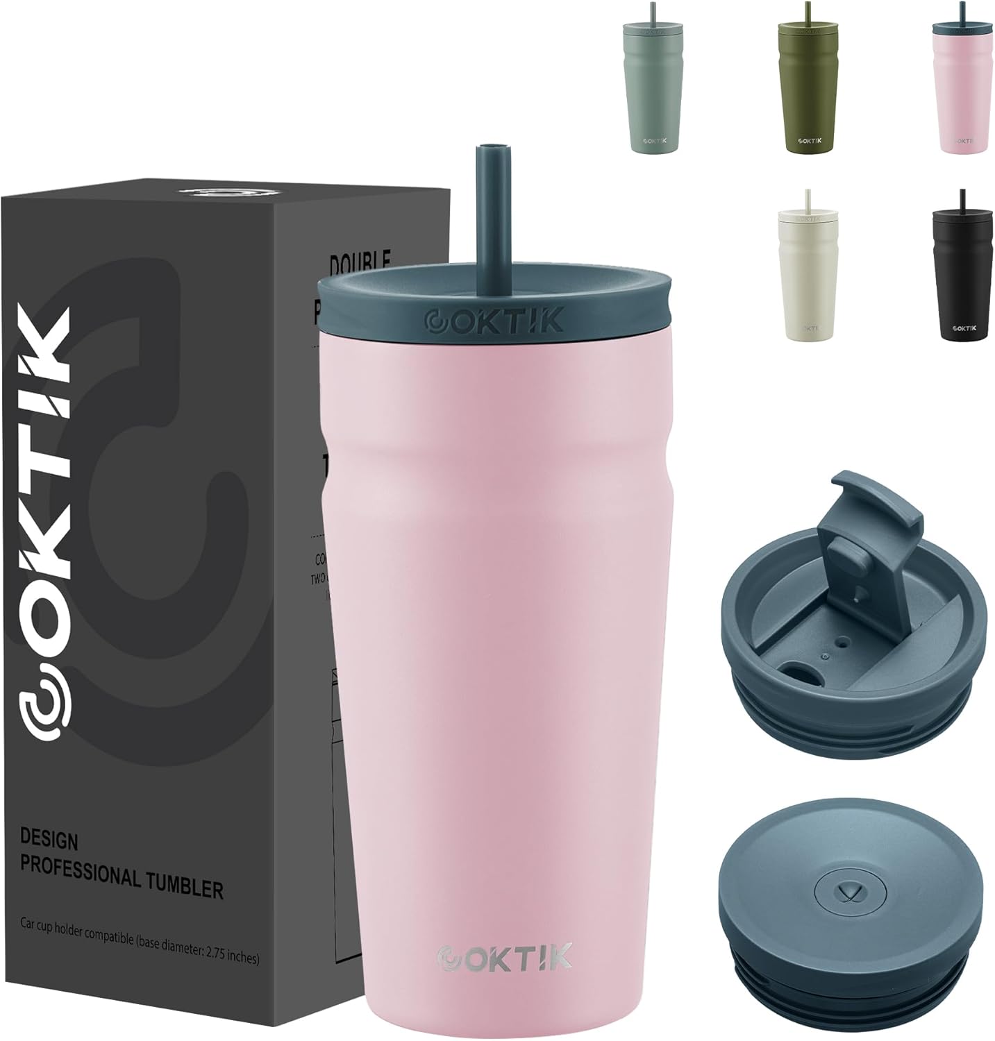 COKTIK 20oz Insulated Tumbler with Lid and Straw 2 Lids (Straw/Flip) Iced Coffee Cup Reusable Stainless Steel Travel Mug Water Bottle Cupholder Friendly for Women Men Her Him (Blush)