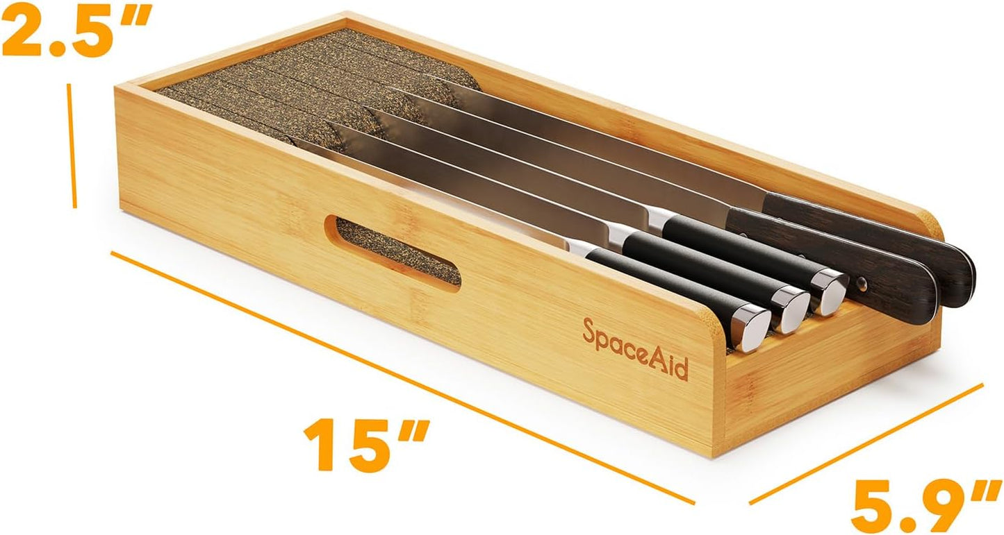 SpaceAid Knife Drawer Organizer Bamboo Insert Dock, Kitchen Steak Knives Holder Organizers Block for Drawer in Storage Organization (Small)